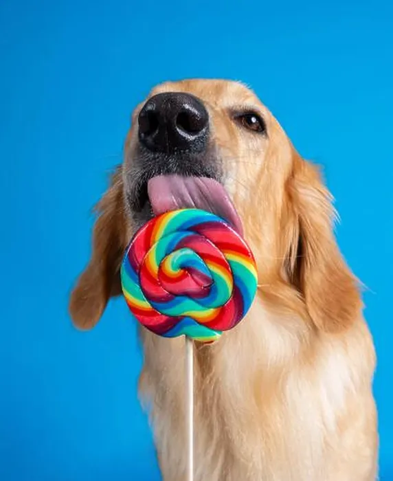 Framed Print : Hund leckt an großem Lolly - dog slicks on giant lolly Framed Print : Hund leckt an großem Lolly - dog slicks on giant lolly