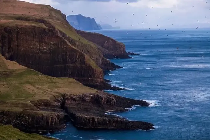 Framed Print : Hundreds of puffins swarm the skies over the seas, cliffs and moss green hilltops Framed Print : Hundreds of puffins swarm the skies over the seas, cliffs and moss green hilltops