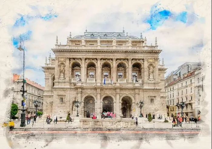 Framed Print : The Hungarian Royal State Opera House in Budapest, Hungary in watercolor illustration style Framed Print : The Hungarian Royal State Opera House in Budapest, Hungary in watercolor illustration style
