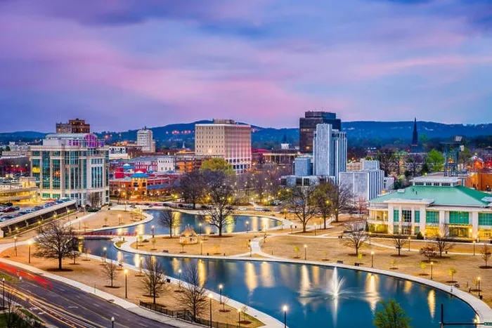 Framed Print : Huntsville, Alabama, USA park and downtown cityscape at twilight