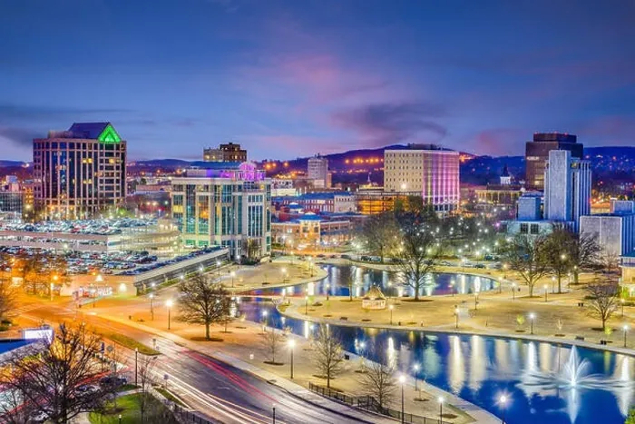 Framed Print : Huntsville, Alabama, USA park and downtown cityscape at twilight Framed Print : Huntsville, Alabama, USA park and downtown cityscape at twilight