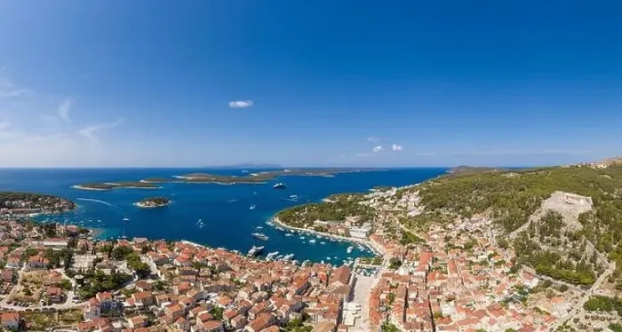 Framed Print : Hvar, Croatia: Aerial panorama of the famous Hvar island and old town with the yachts harbor Framed Print : Hvar, Croatia: Aerial panorama of the famous Hvar island and old town with the yachts harbor