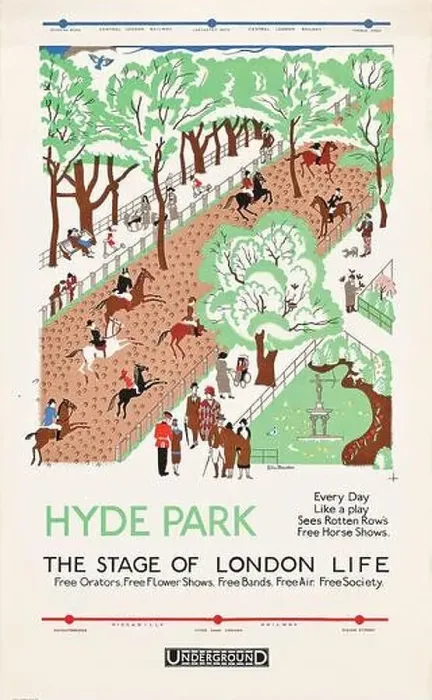 Framed Print : Hyde Park, by Edward Bawden, 1925 - Vintage advertisement for London transport system Framed Print : Hyde Park, by Edward Bawden, 1925 - Vintage advertisement for London transport system