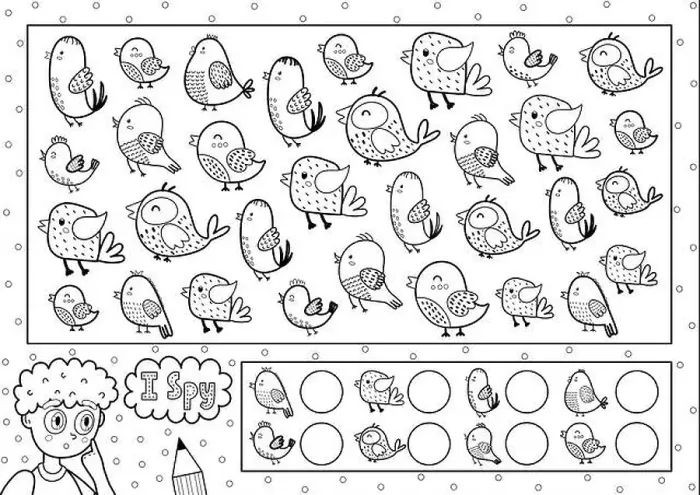 Framed Print : I spy game coloring page for kids. Find and count cute birds Framed Print : I spy game coloring page for kids. Find and count cute birds