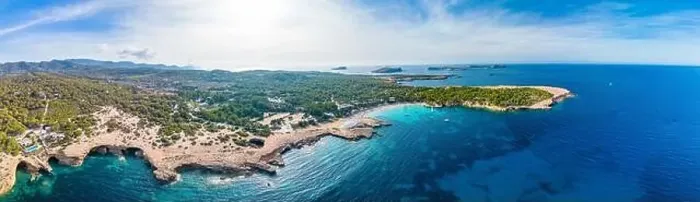 Framed Print : Ibiza Cala Bassa beach with turquoise water, aerial drone views Framed Print : Ibiza Cala Bassa beach with turquoise water, aerial drone views