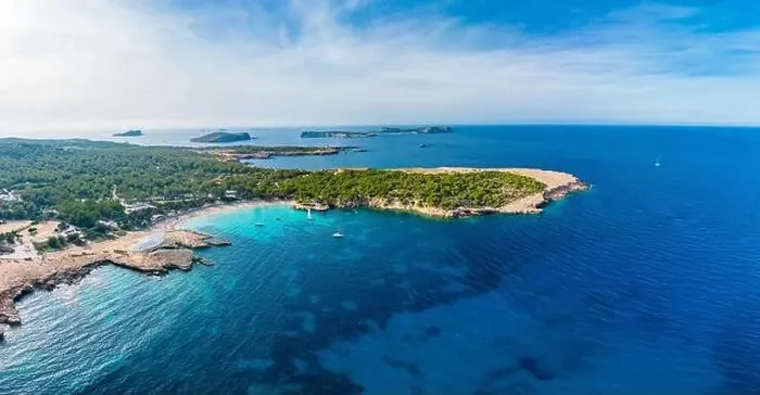 Framed Print : Ibiza Cala Bassa beach with turquoise water, aerial drone views Framed Print : Ibiza Cala Bassa beach with turquoise water, aerial drone views