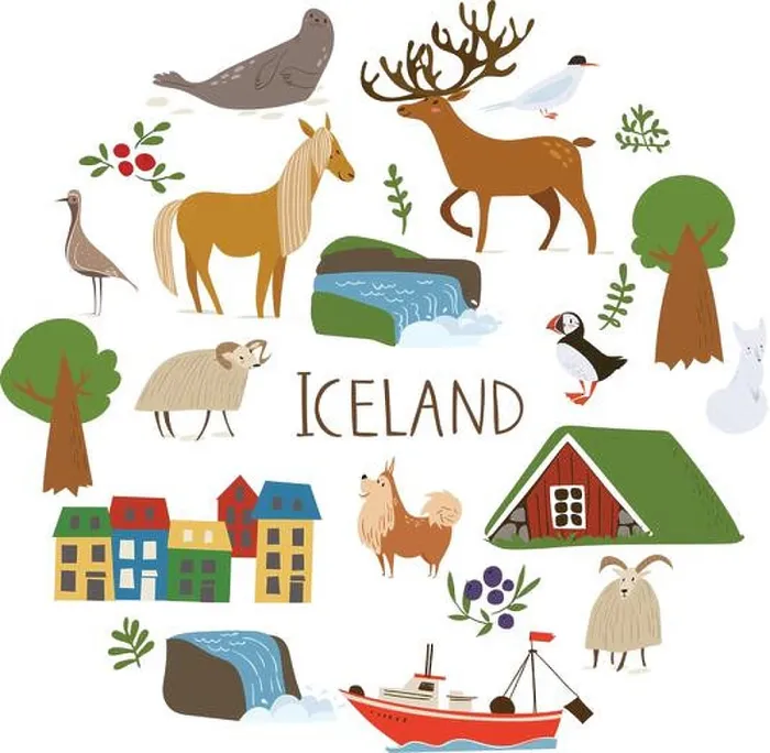 Framed Print : Iceland nature vectorin a circle with symbols of landscapes, animals and architecture Framed Print : Iceland nature vectorin a circle with symbols of landscapes, animals and architecture