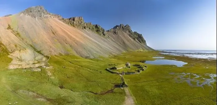 Framed Print : Icelandic aerial landscape with a viking village in Stokksnes. Panorama of Vestrahorn mountain on a sunny day Framed Print : Icelandic aerial landscape with a viking village in Stokksnes. Panorama of Vestrahorn mountain on a sunny day