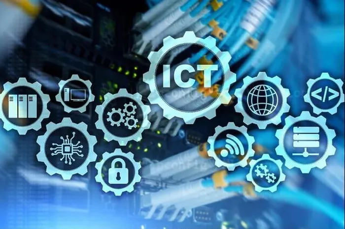 Framed Print : ICT. Information and communications technology on modern server room background. Virtual screen Framed Print : ICT. Information and communications technology on modern server room background. Virtual screen
