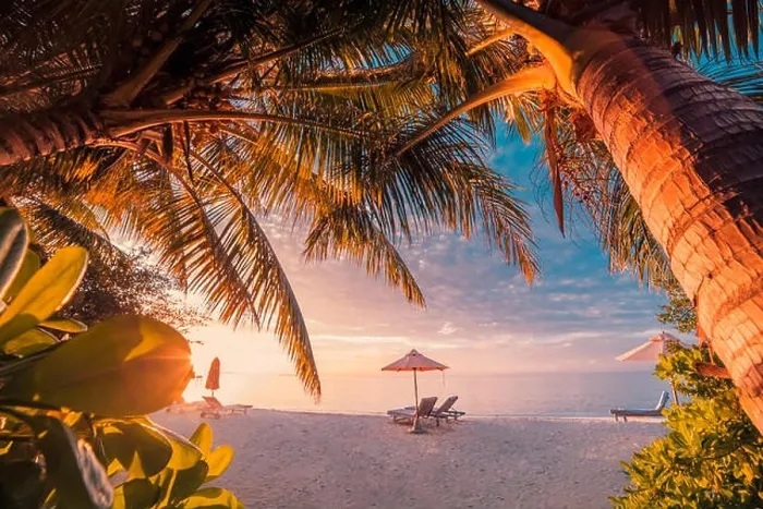 Framed Print : Idyllic sunset, tropical beach landscape for background or wallpaper. Design of tourism for summer vacation holiday destination concept