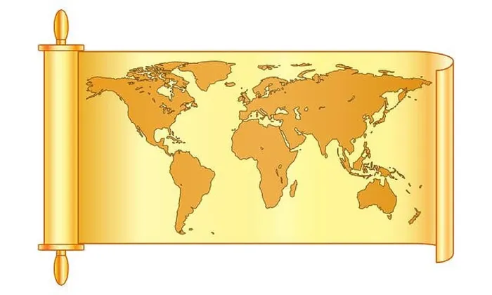 Framed Print : Illustration of the abstract vintage world map on scroll Framed Print : Illustration of the abstract vintage world map on scroll