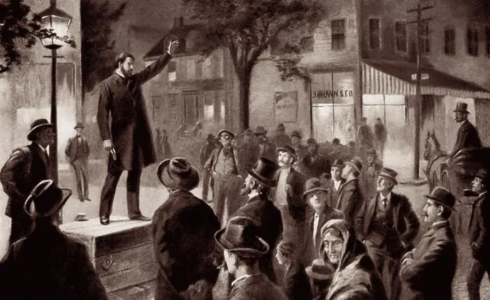 Framed Print : Illustration of American evangelist Dwight Lyman (D.L.) Moody preaching on the street early in his career Framed Print : Illustration of American evangelist Dwight Lyman (D.L.) Moody preaching on the street early in his career