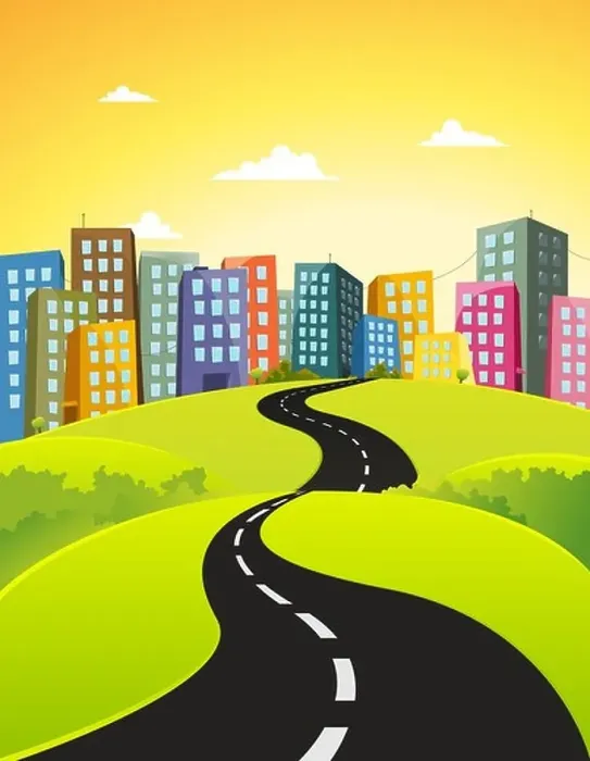 Framed Print : Illustration of a beautiful cartoon city road going downtown Framed Print : Illustration of a beautiful cartoon city road going downtown
