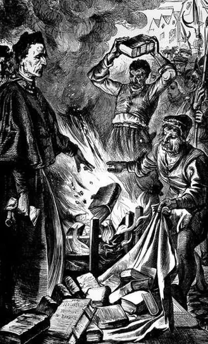 Framed Print : Illustration of Cuthbert Tunstall Bishop of London Burning First Editions copies of William Tyndale's New testament Framed Print : Illustration of Cuthbert Tunstall Bishop of London Burning First Editions copies of William Tyndale's New testament