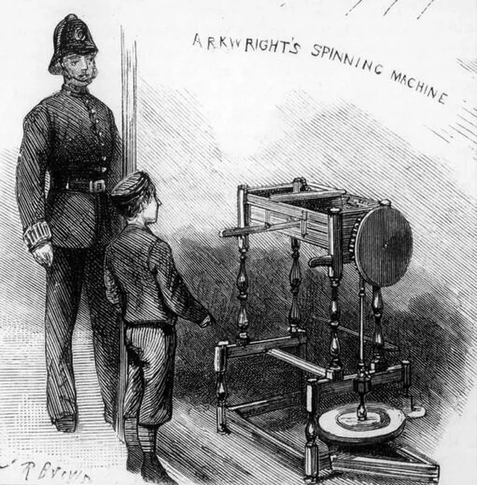 Framed Print : Illustration depicting Arkwright's water frame spinning machine; on display at the Patents Museum; South Kensington; Framed Print : Illustration depicting Arkwright's water frame spinning machine; on display at the Patents Museum; South Kensington;