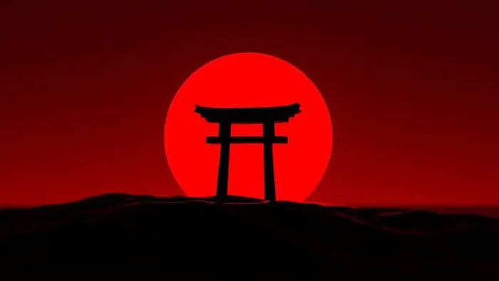 Framed Print : An illustration of a Japanese structure with a red moon in the background Framed Print : An illustration of a Japanese structure with a red moon in the background