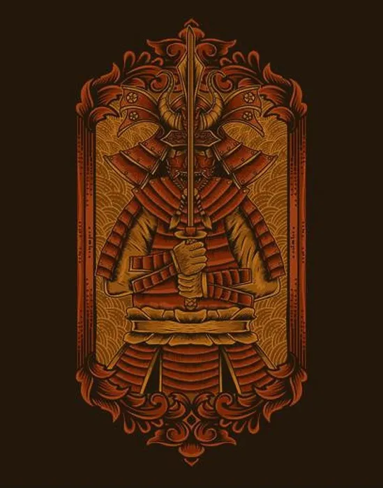 Framed Print : Illustration samurai warriors with vintage engraving ornament Framed Print : Illustration samurai warriors with vintage engraving ornament