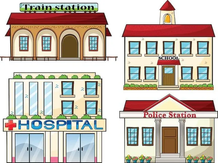 Framed Print : Illustration of a train station, a school, a police station and a hospital on a white background Framed Print : Illustration of a train station, a school, a police station and a hospital on a white background