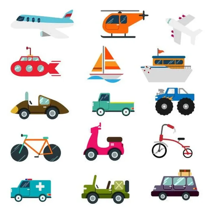 Framed Print : an illustration of various modes of travel, transport on white background Framed Print : an illustration of various modes of travel, transport on white background