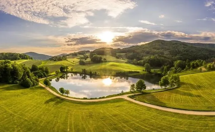 Framed Print : Image of aerial photography with drone of landscape in Bavarian forest of Ebenreuther lake during sunset, Germany Framed Print : Image of aerial photography with drone of landscape in Bavarian forest of Ebenreuther lake during sunset, Germany