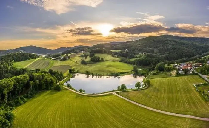 Framed Print : Image of aerial photography with drone of landscape in Bavarian forest of Ebenreuther lake during sunset, Germany Framed Print : Image of aerial photography with drone of landscape in Bavarian forest of Ebenreuther lake during sunset, Germany