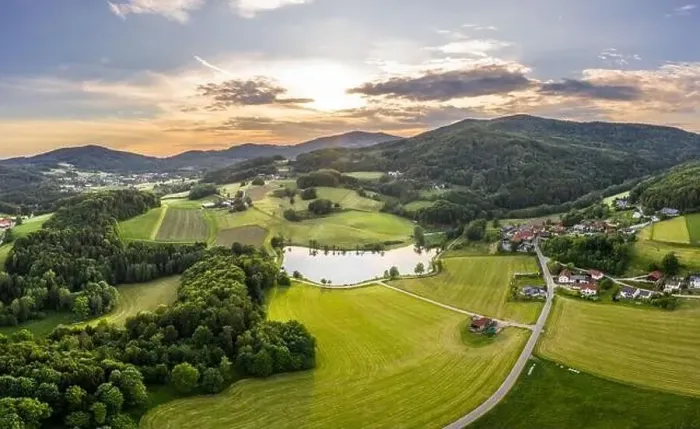 Framed Print : Image of aerial photography with drone of landscape in Bavarian forest of Ebenreuther lake during sunset, Germany Framed Print : Image of aerial photography with drone of landscape in Bavarian forest of Ebenreuther lake during sunset, Germany