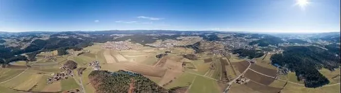 Framed Print : Image of aerial photography with drone of village Grossarmschlag near Grafenau in Bavarian forest with mountains Arber