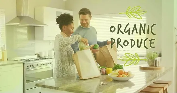 Framed Print : Image of organic produce text over diverse couple preparing healthy meal in kitchen Framed Print : Image of organic produce text over diverse couple preparing healthy meal in kitchen