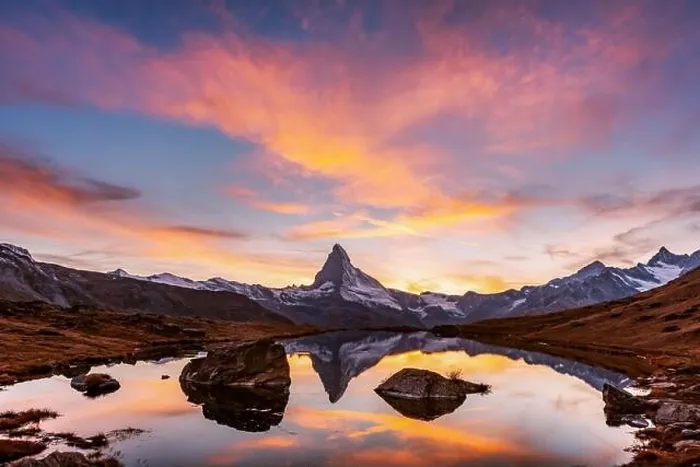 Framed Print : Incredible colorful sunset on Stellisee lake with Matterhorn Cervino peak in Swiss Alps. Zermatt resort location, Switzerland. Landscape photography