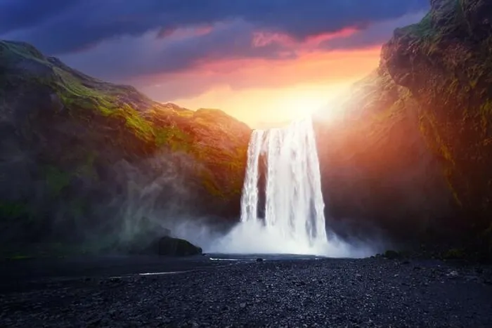 Framed Print : Incredible landscape with Skogafoss waterfall and unreal sunset sky. Iceland, Europe Framed Print : Incredible landscape with Skogafoss waterfall and unreal sunset sky. Iceland, Europe