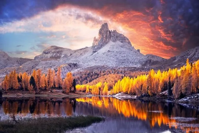 Framed Print : Incredible purple sunrise on Federa Lake in the Dolomite Apls. Autumn mountains landscape with Lago di Federa and bright orange larches Framed Print : Incredible purple sunrise on Federa Lake in the Dolomite Apls. Autumn mountains landscape with Lago di Federa and bright orange larches