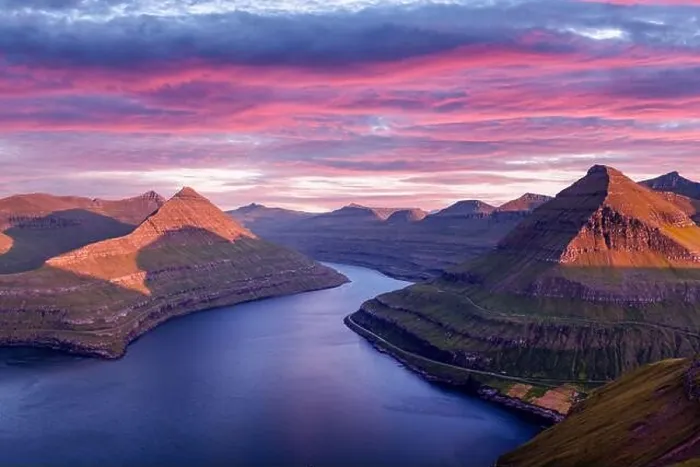 Framed Print : Incredible purple sunset over majestic fjords of Funningur