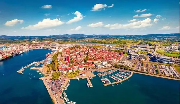 Framed Print : Incredible summer view from flying drone of Koper port Framed Print : Incredible summer view from flying drone of Koper port