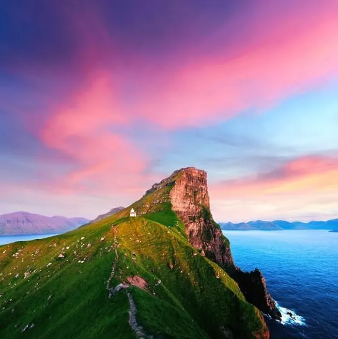 Framed Print : Incredible sunset landscape with Kallur lighthouse on green hills of Kalsoy island, Faroe islands, Denmark Framed Print : Incredible sunset landscape with Kallur lighthouse on green hills of Kalsoy island, Faroe islands, Denmark