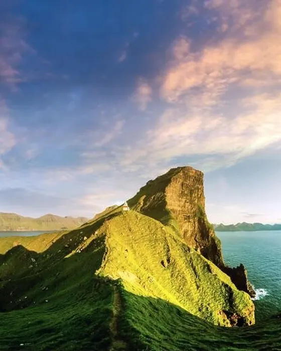 Framed Print : Incredible sunset landscape with Kallur lighthouse on green hills of Kalsoy island, Faroe islands, Denmark Framed Print : Incredible sunset landscape with Kallur lighthouse on green hills of Kalsoy island, Faroe islands, Denmark