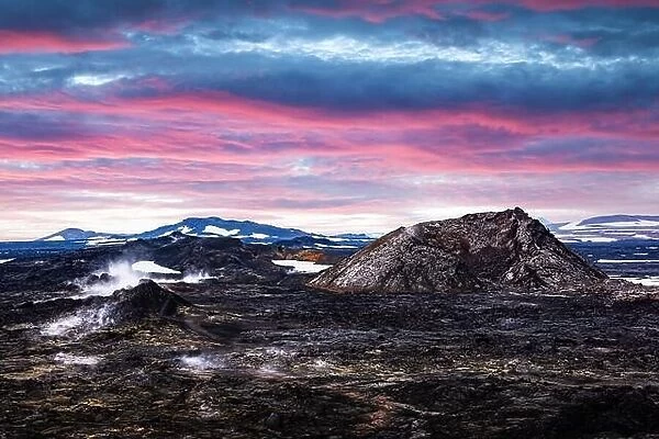 Incredible sunset view of Reeky lavas field in the geothermal valley Leirhnjukur, near Krafla volcano, Iceland. Landscape photography