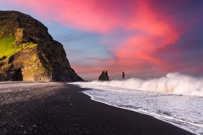 Framed Print : Incredible view on Black beach and Troll toes cliffs in sunset time. Great purple sky glowing on background. Reynisdrangar, Vik, Iceland Framed Print : Incredible view on Black beach and Troll toes cliffs in sunset time. Great purple sky glowing on background. Reynisdrangar, Vik, Iceland