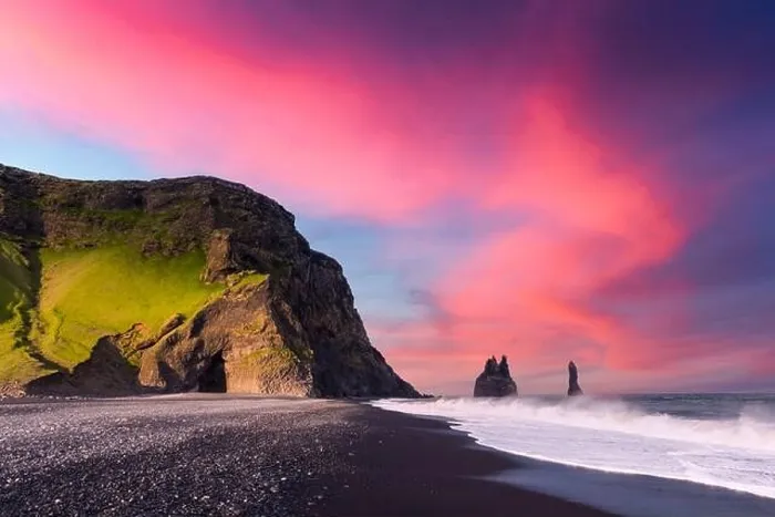 Framed Print : Incredible view on Black beach and Troll toes cliffs in sunset time. Great purple sky glowing on background. Reynisdrangar, Vik, Iceland Framed Print : Incredible view on Black beach and Troll toes cliffs in sunset time. Great purple sky glowing on background. Reynisdrangar, Vik, Iceland