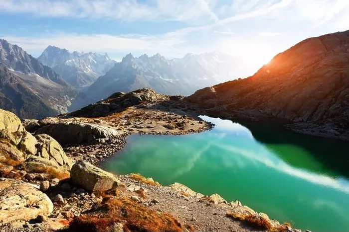 Framed Print : Incredible view of clear water and sky reflection on Lac Blanc lake in France Alps. Monte Bianco mountains range on background Framed Print : Incredible view of clear water and sky reflection on Lac Blanc lake in France Alps. Monte Bianco mountains range on background