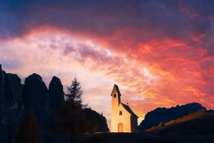 Framed Print : Incredible view on small iIlluminated chapel - Kapelle Ciapela on Gardena Pass, Italian Dolomites mountains. Colorful sunset in Dolomite Alps, Italy Framed Print : Incredible view on small iIlluminated chapel - Kapelle Ciapela on Gardena Pass, Italian Dolomites mountains. Colorful sunset in Dolomite Alps, Italy