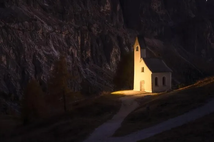 Framed Print : Incredible view on small iIlluminated chapel - Kapelle Ciapela on Gardena Pass, Italian Dolomites mountains. Dolomite Alps, Italy Framed Print : Incredible view on small iIlluminated chapel - Kapelle Ciapela on Gardena Pass, Italian Dolomites mountains. Dolomite Alps, Italy
