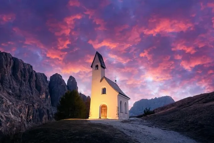Framed Print : Incredible view on small iIlluminated chapel - Kapelle Ciapela on Gardena Pass, Italian Dolomites mountains. Colorful sunset in Dolomite Alps, Italy Framed Print : Incredible view on small iIlluminated chapel - Kapelle Ciapela on Gardena Pass, Italian Dolomites mountains. Colorful sunset in Dolomite Alps, Italy