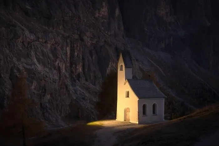 Framed Print : Incredible view on small iIlluminated chapel - Kapelle Ciapela on Gardena Pass, Italian Dolomites mountains. Dolomite Alps, Italy Framed Print : Incredible view on small iIlluminated chapel - Kapelle Ciapela on Gardena Pass, Italian Dolomites mountains. Dolomite Alps, Italy