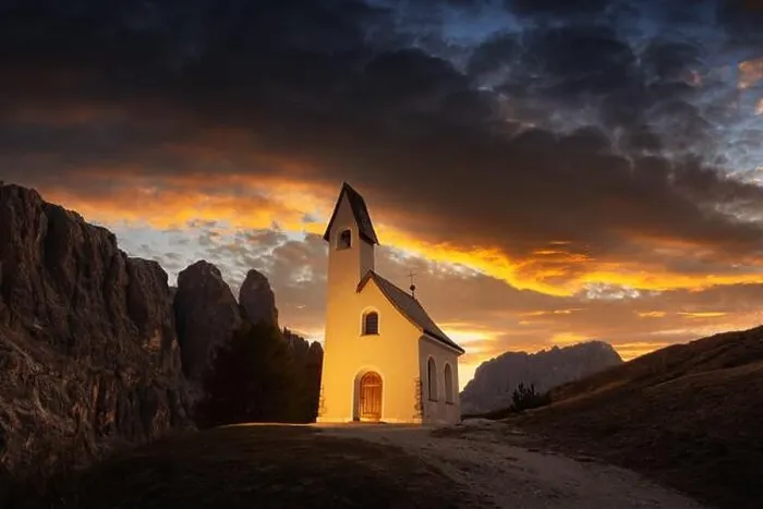 Framed Print : Incredible view on small iIlluminated chapel - Kapelle Ciapela on Gardena Pass, Italian Dolomites mountains. Colorful sunset in Dolomite Alps, Italy Framed Print : Incredible view on small iIlluminated chapel - Kapelle Ciapela on Gardena Pass, Italian Dolomites mountains. Colorful sunset in Dolomite Alps, Italy