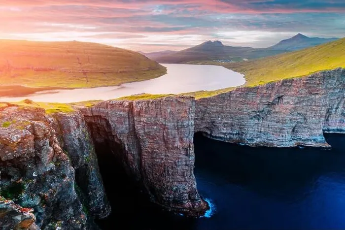 Framed Print : Incredible view of Sorvagsvatn lake on cliffs of Vagar island in sunset time, Faroe Islands, Denmark. Landscape photography