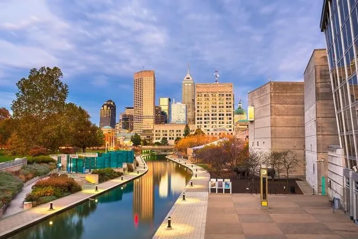 Framed Print : Indianapolis, Indiana, USA skyline and canal at dusk in autumn Framed Print : Indianapolis, Indiana, USA skyline and canal at dusk in autumn
