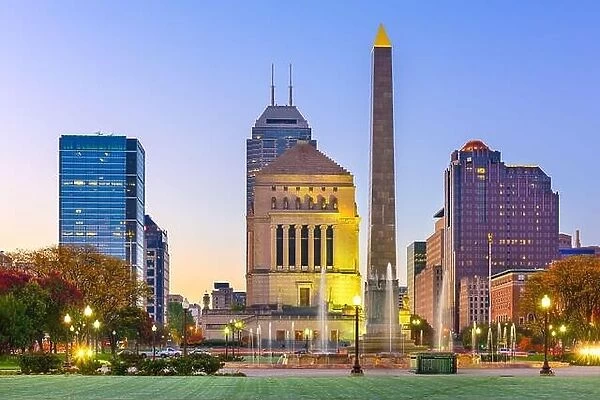 Indianapolis, Indiana, USA war memorials and skyline at twilight
