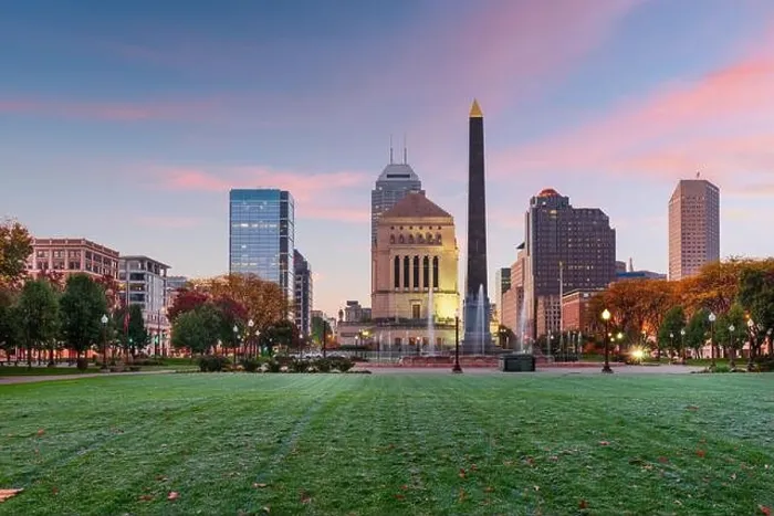 Framed Print : Indianapolis, Indiana, USA war memorials and skyline at twilight