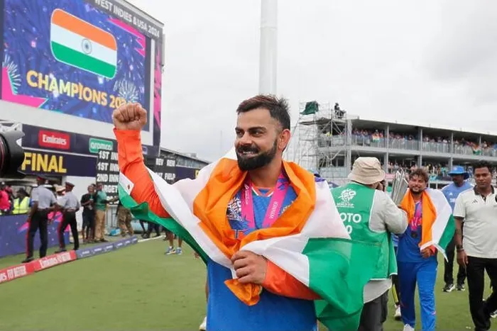 Framed Print : India's Virat Kohli celebrates victory following the 2024 ICC Men's T20 World Cup final at the Kensington Oval Barbados in Bridgetown, Barbados Framed Print : India's Virat Kohli celebrates victory following the 2024 ICC Men's T20 World Cup final at the Kensington Oval Barbados in Bridgetown, Barbados