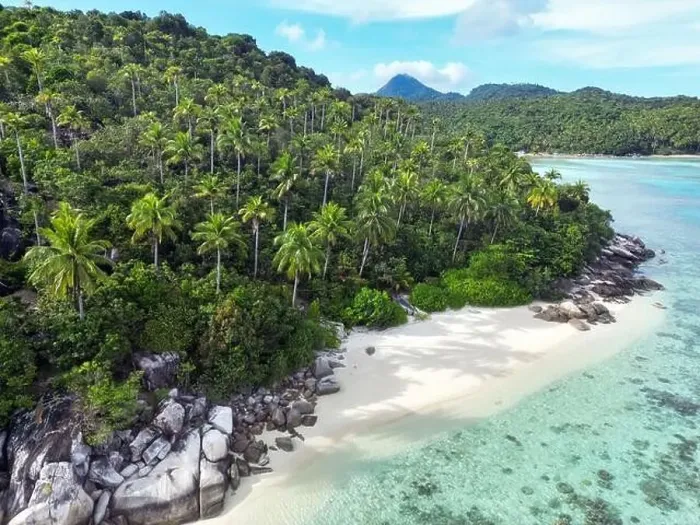 Framed Print : Indonesia Anambas Islands - Drone view Telaga Island coast line with beach